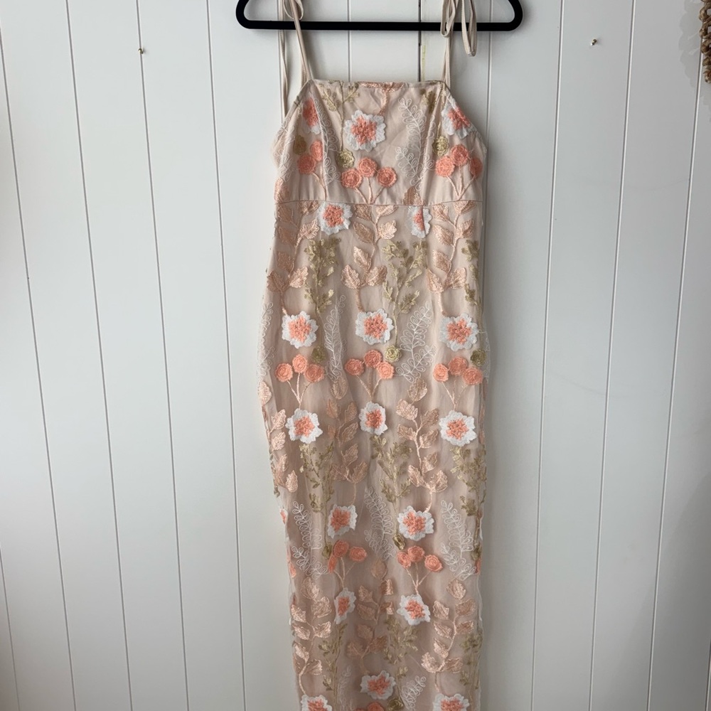 SHEIN Beige Maxi Dress with Peach & White Floral Embroidery